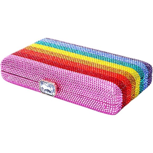 Women Rainbow Crystal Evening Bag Slim Clutch Handbag with Chain for Prom Party - Picture 3 of 6